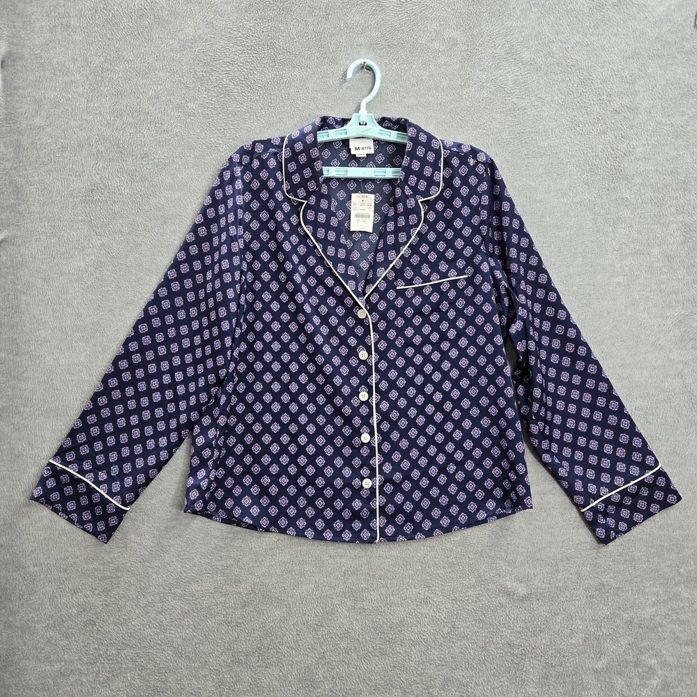 J.crew Women Sleepwear L Navy Geometric Pajama Top Button Piping Long Sleeve NWT